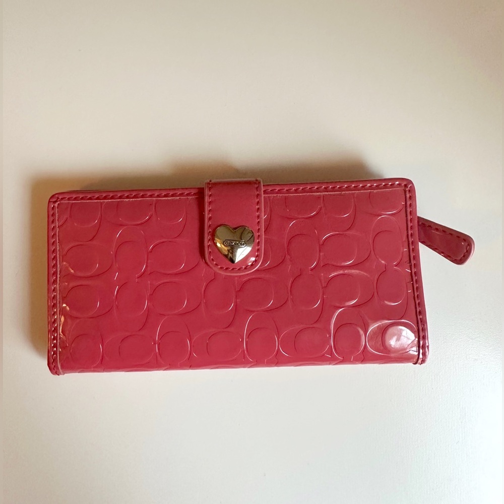Coach Signature Patent Embossed Leather Coral Pink Wallet